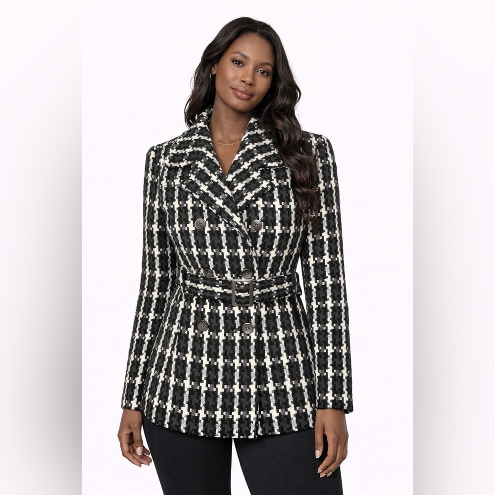 Rampage Black and White Checkered Tweed Belted Coat, Size 00